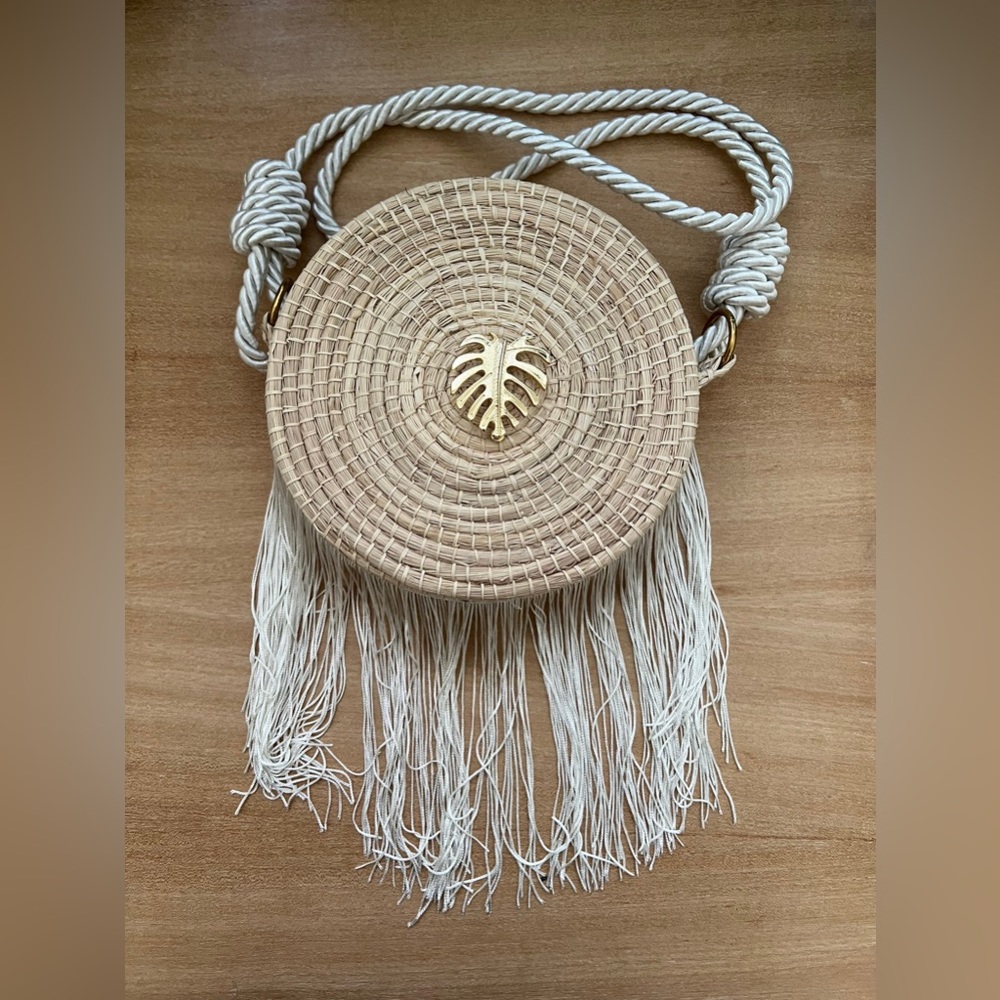 Elegant Fringe & Gold Leaf Handwoven Shoulder Bag- Boho Chic Summer Shoulder Bag